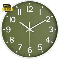 Silent Wall Clock Non-Ticking Battery Operated – Modern Olive Green Analog Wall 