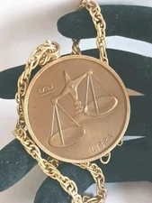 Vintage Zodiac Libra Bronze Necklace W/Chain Pendant Medallion Jewelry Token