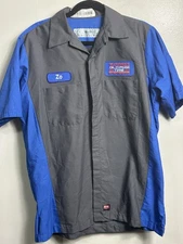 Red Kap Express Oil Change Tire Engineers Work Shirt Gray Blue Short Sleeve M 