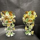 Pair Vintage Floral Metal Candle Holders w/ Amber Glass Cups for Votive/Tea — photo 1