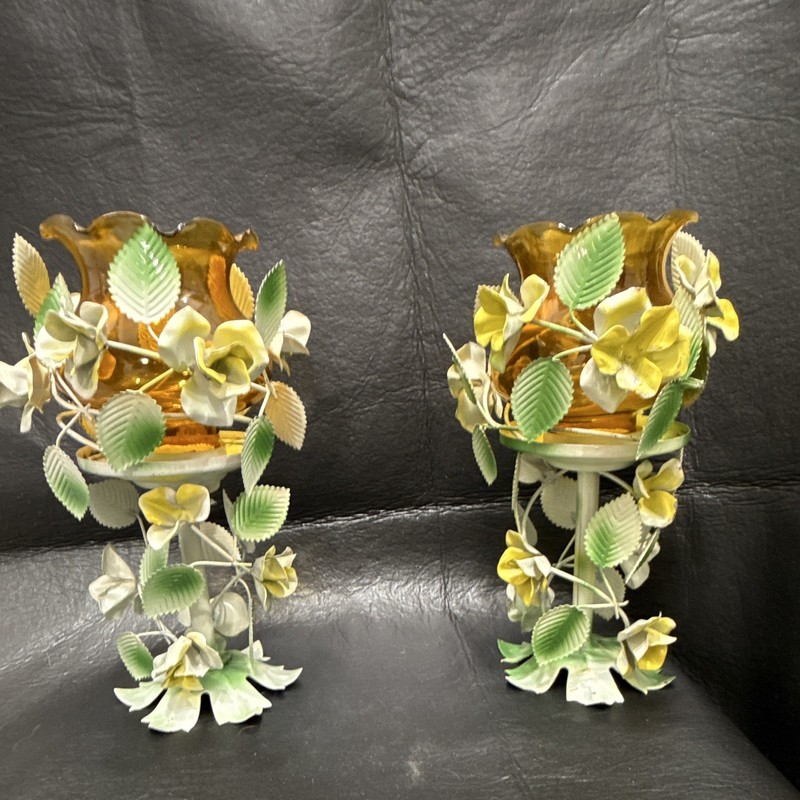 Pair Vintage Floral Metal Candle Holders w/ Amber Glass Cups for Votive/Tea