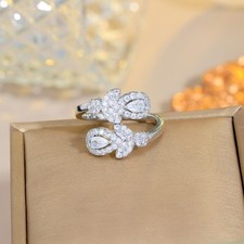 Women Elegant Silver Plated Cubic Zirconia Leaf Adjustable Ring Wedding Jewelry