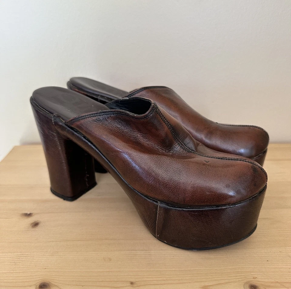 Tacones de mula de bloque de madera de cuero italiano vintage de los años 70 RARO - TOTAR de Barneschi Foto 4 de 4