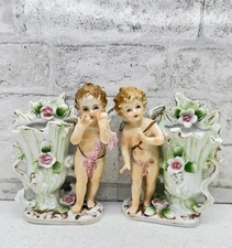 Vintage Bisque Porcelain Cherub Putti Vases Baroque Rococo Angels Set Of 2