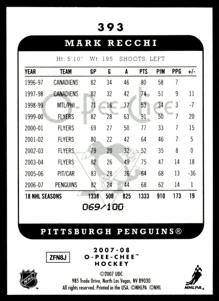 2007-08 O-Pee-Chee Micromotion Black Mark Recchi /100 Pittsburgh Penguins #393 - Image 2 of 2