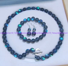 6/8/10/12mm Gray Gleamy Rainbow Moonstone Beads Necklace Bracelets Earrings Set
