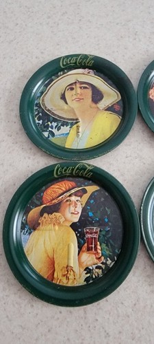 COCA COLA VTG Set 6 Metal Tin Coasters Victorian Calendar Ladies Green 1983 Coke - Picture 3 of 7