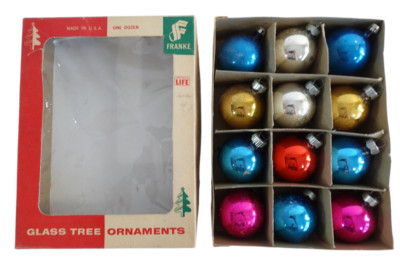 12 Franke Shiny Vintage Glass Colorful Blown Christmas Ornaments in Box Set Lot