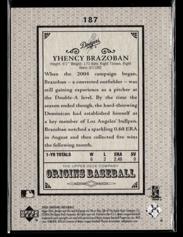 Yhency Brazoban #'d /99 - 2005 UD Origins Old Judge Red #187 Dodgers - Image 2 of 2