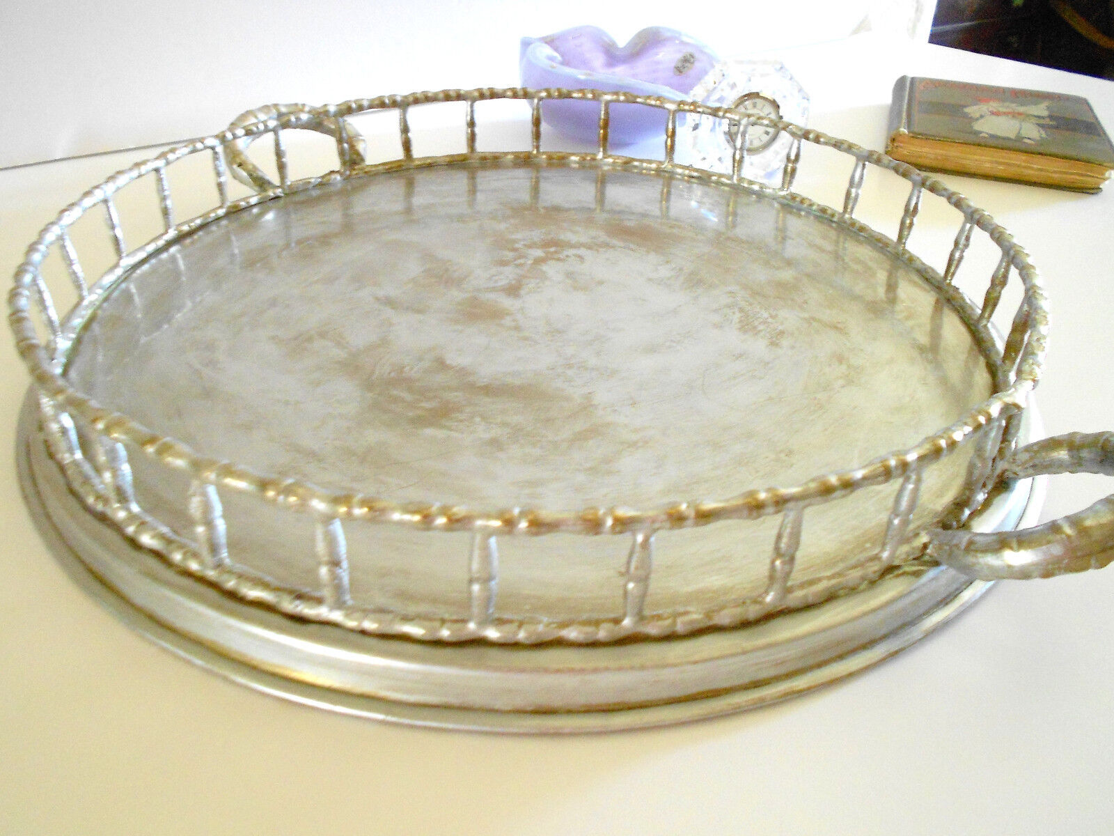 SIMPLY GORGEOUS STERLING WASHED LARGE BRASS CHARGER SERVER  DRESSER TRAY 18" 