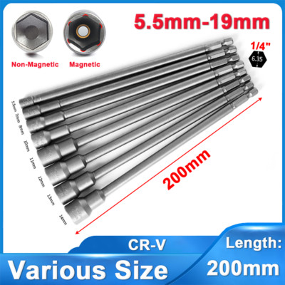 5.5mm-19mm Magnetic Hex Nut Driver Bit 1/4'' Socket Impact Extra Long Drill Bits