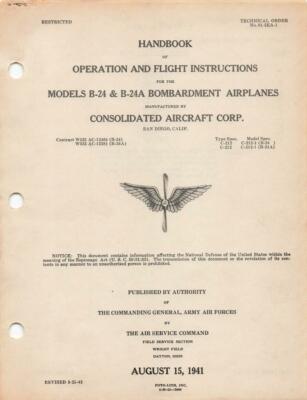 1942 AAF CONSOLIDATED B-24 & B-24A LIBERATOR BOMBER PILOTS FLIGHT MANUAL-CD