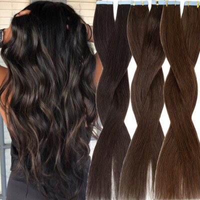 THICK Tape In 100% Remy Human Hair Extensions Skin Weft FULL HEAD Brown #02 #04