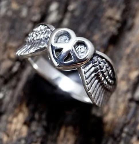 ANELLO FASCIA ARGENTO STERLING 925 SIMBOLO SEGNO ALI DELLA PACE MATRIMONIO NU... - Immagine 2 di 4