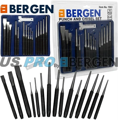 US PRO BY BERGEN BERGEN Punch & Chisel Set 16pc Cold Chisels Center Punch PIN Punch Taper Punch