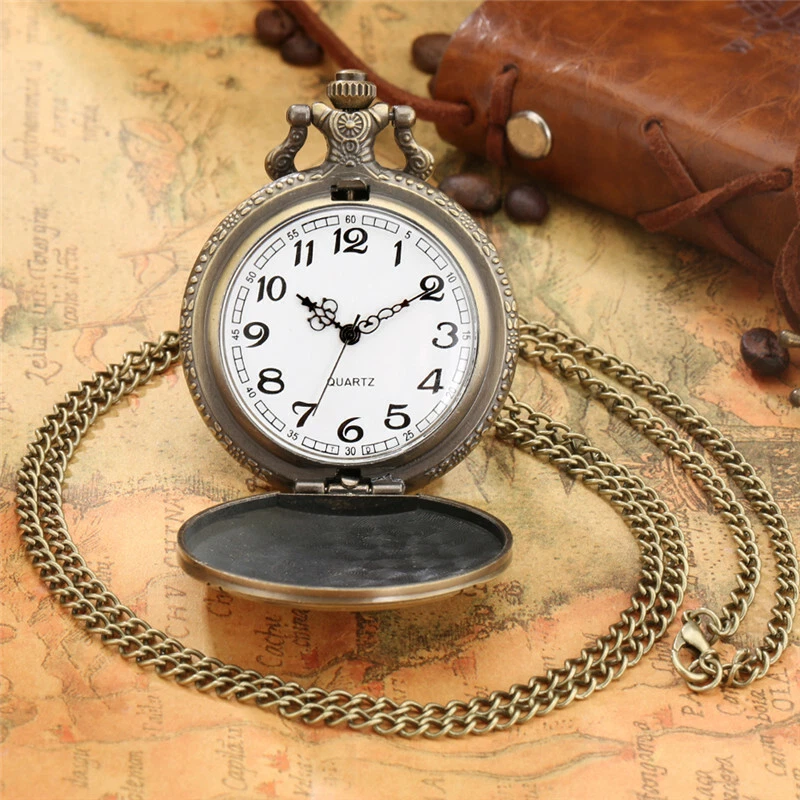 Vintage Engraved Pocket Watch with Necklace Chain Railroad