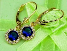 14k Yellow Gold Halo Dangle Round Leverback Pierced Earrings Birthstone
