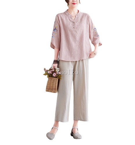 Women 3/4 Sleeve T Shirt Floral Embroidery Cotton Linen Blend Top Loose Fit Thin - Picture 5 of 27