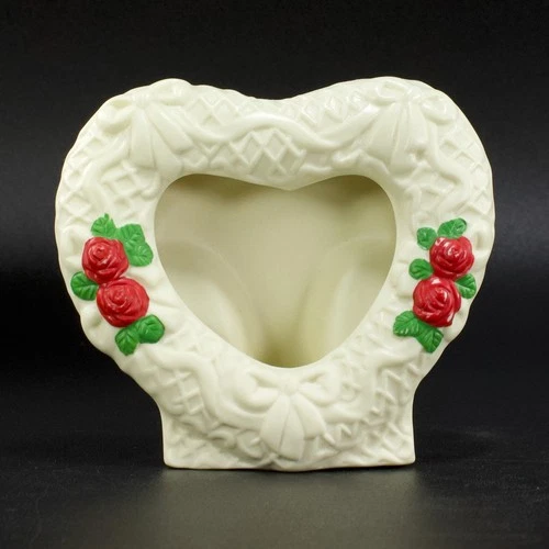 Heart Shaped Picture Frame Red Roses Bisque Porcelain Freestanding Ivory Bows 4"