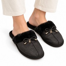 KATE SPADE NEW YORK Black Shimmer Bow Faux Fur Slippers Womens US 7