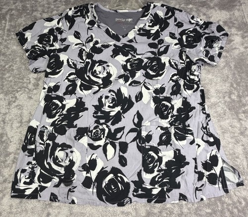 Greys Anatomy Black/White Floral Top Medical Scrub, Pockets Womens 2XL