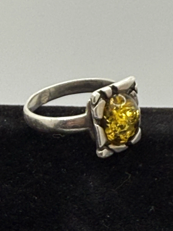 Anillo Ámbar Báltico 925 Vintage Plata de Ley Diseño Abstracto Talla 8.5 Artesanal Foto 2 de 4