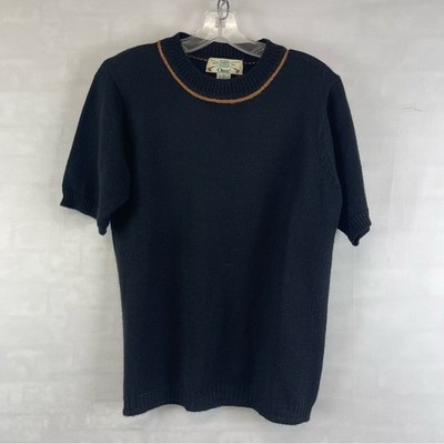 Orvis Women's Short Sleeve Sweater Navy w/ Tan Trim Wool Sz M Hong Kong Vintage