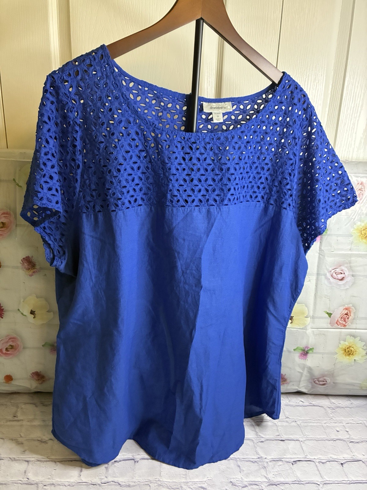 Dressbarn Women's Short Sleeve Top with Eyelet and Button Features Blue Size 2X