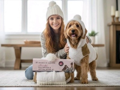 Marcus Adler M/L White Faux Fur Dog Sweater and Matching Dog Mom Beanie Set