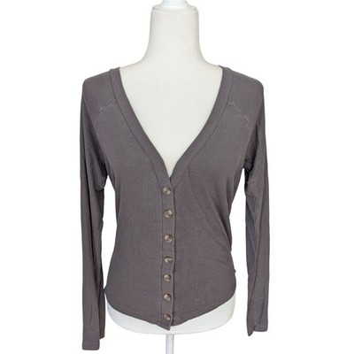 American Eagle Gray Soft & Sexy Ribbed Long Sleeve Button Down Cardigan Medium