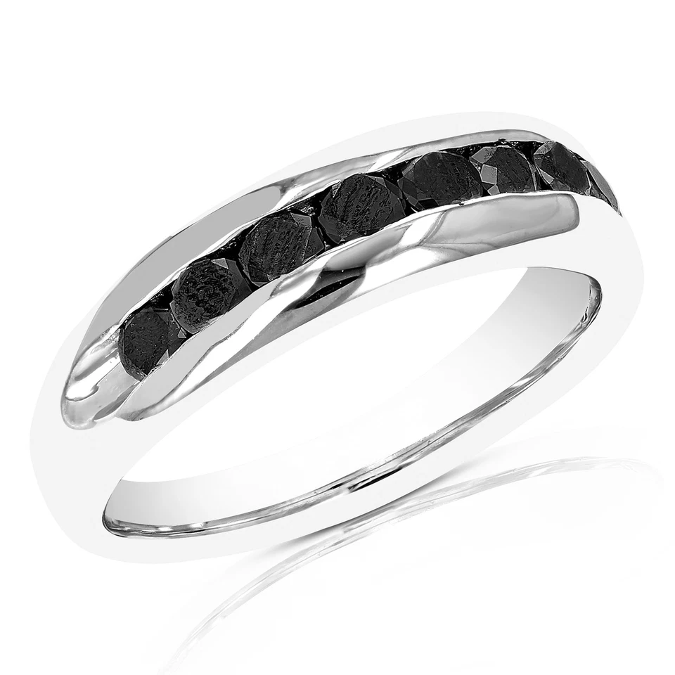 Alianza de boda anillo de diamantes negros de 1 quilate para hombre en canal redondo de plata de ley .925 Foto 2 de 4