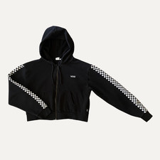 Vans cropped black zip up hoodie women's size small with checkered sleeves