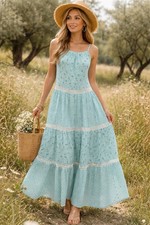 Tiered Cotton Dress S/M Aqua Green Patchwork Floral Crochet Cottage Boho Beach