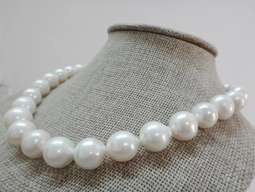 Huge18"12-15mm natural south sea genuine white near round pearl necklace 14k