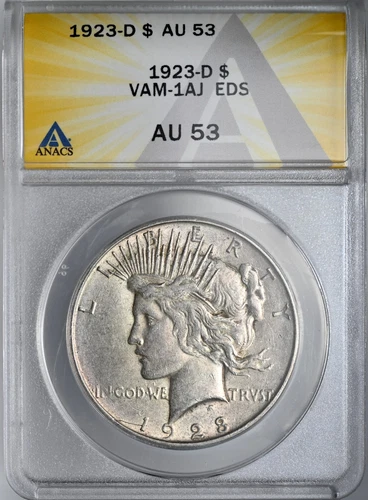 1923-D $1 Peace Silver Dollar ANACS AU53 #6109792 VAM-1AJ EDS - RETAINED CUD- R6