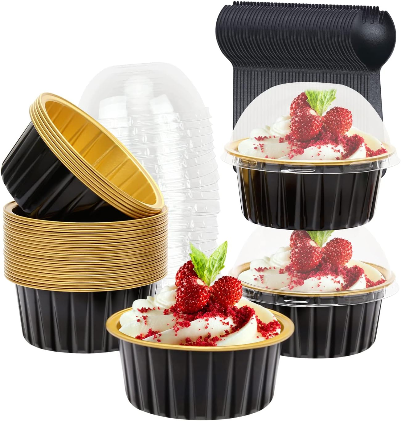 5Oz Foil Ramekins with Lids 50 Pack, Aluminum Foil Cupcake Liners Muffin Cups,Di