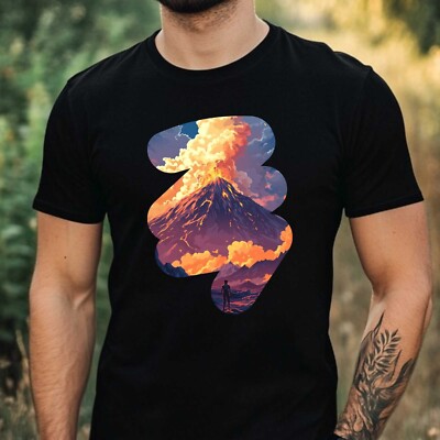Mens Volcanic Landscape Motif Cotton T-Shirt Size XS to 5XL