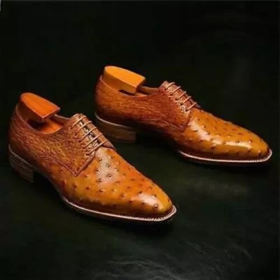 Custom Made New Men's Tan Ostrich Leather Derby Lace Up Whole-Cut Dress Shoe Men