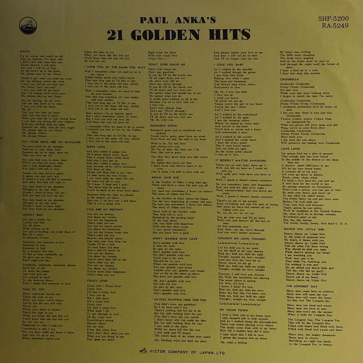 Paul Anka - Paul Anka's 21 Golden Hits - Japan Vinyl Insert
