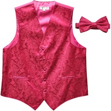 New formal men's tuxedo waistcoast vest bowtie Hot Pink Paisley wedding party