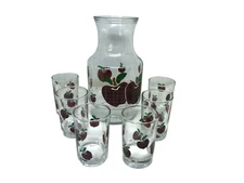 Apple Pitcher Clear Glass  Carafe and 6 Juice Glasses Red & Green Graphics