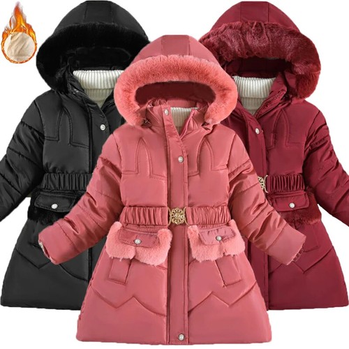 3-12 Years Girls Jacket Hat Padded Lining with Plush Collar Heavy Coat for Kids