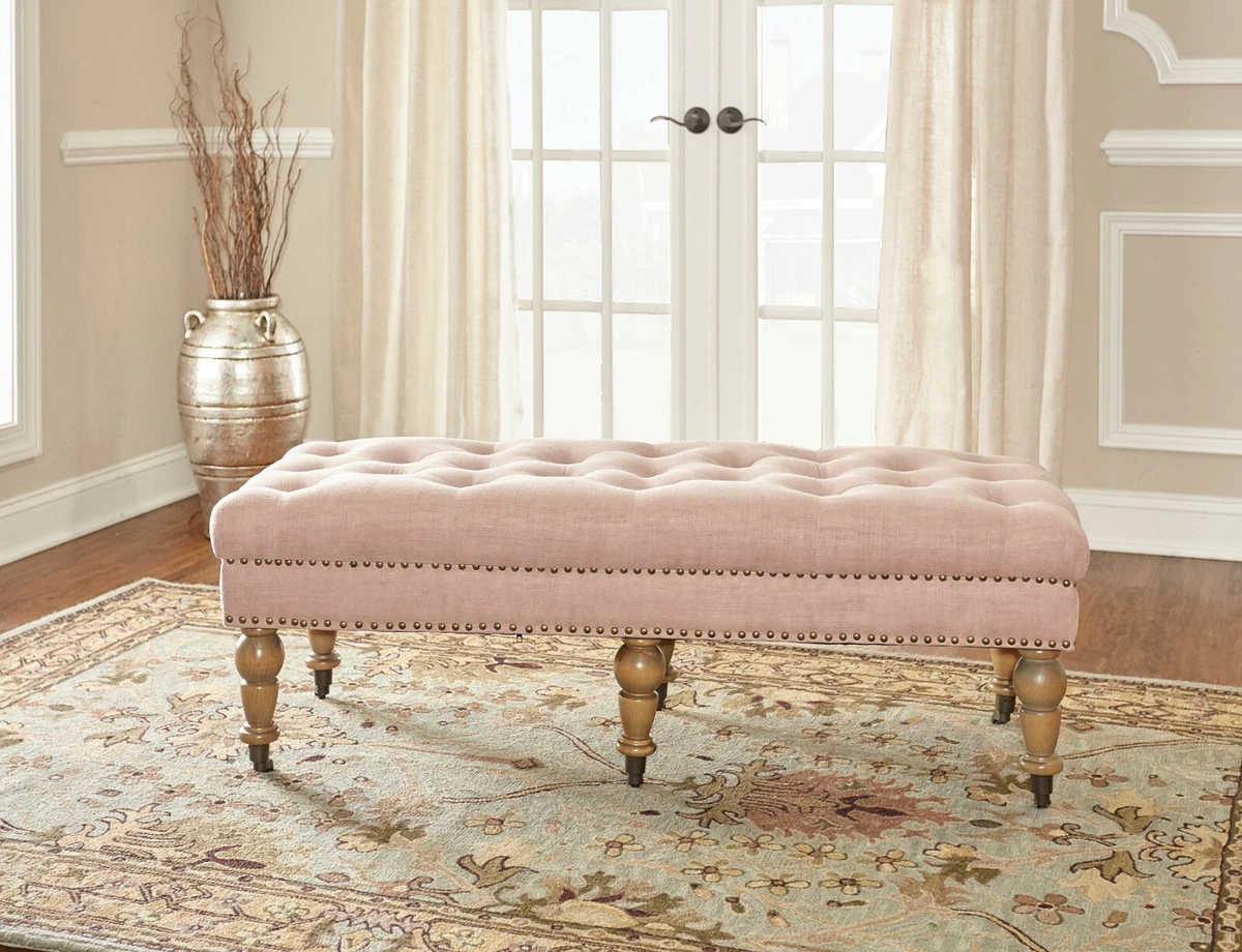 Pink Ottomans on Wheels Upholstered Tufted Linen Vanity Bench Bedroom End Of Bed