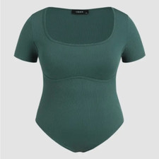 Cider Jersey Square Neck Short Sleeve Bodysuit Curve Plus ribbed green 3XL