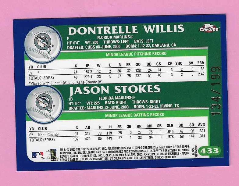 2003 Topps Chrome Black Refractor #433 Dontrelle Willis RC - serial #134/199 - Image 2 of 2