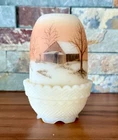 Fenton Custard Glass Fairy Lamp Cabin Scene Signed H. Curry 1960s-70s