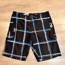 Volcom Boardies Mens 36 Black Plaid 2 Way Stretch Swim Trunks Surf Shorts