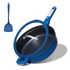 CAROTE 4pcs Non Stick Frying Skillet with Lid, 12inch 4pcs, Navy Blue