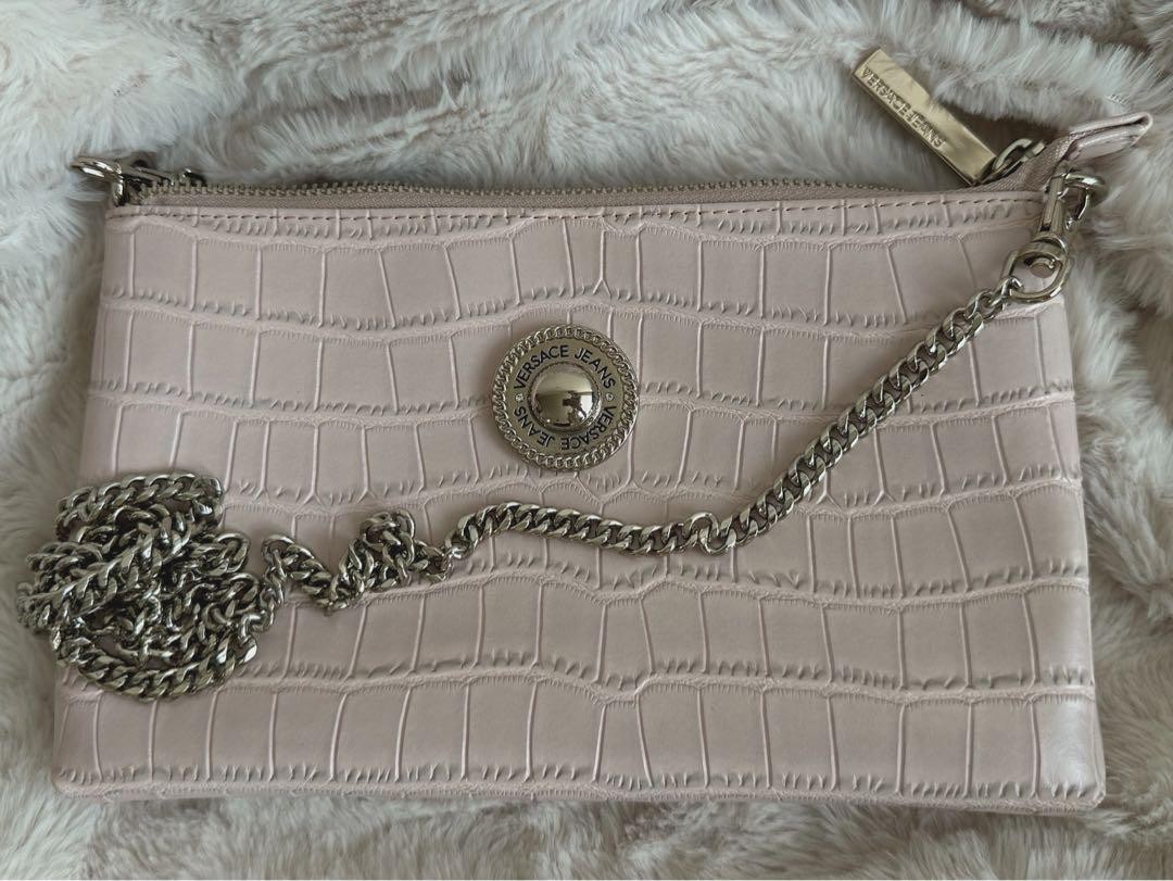 VERSACE JEANS Wallet Clutch Bag Chain Shoulder Beige Logo Leather
