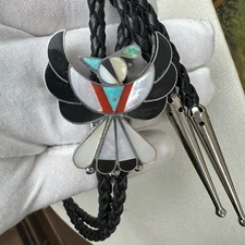 Vintage Zuni Thunderbird Silver Turquoise Coral MOP Onyx Inlay Western Bolo Tie